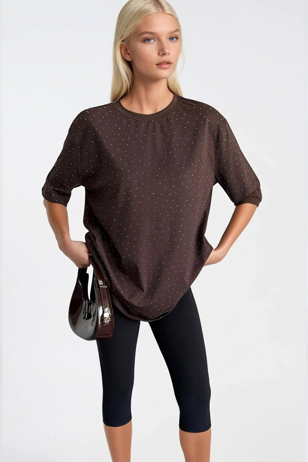 Crew Neck Stone Detail Brown T-Shirt