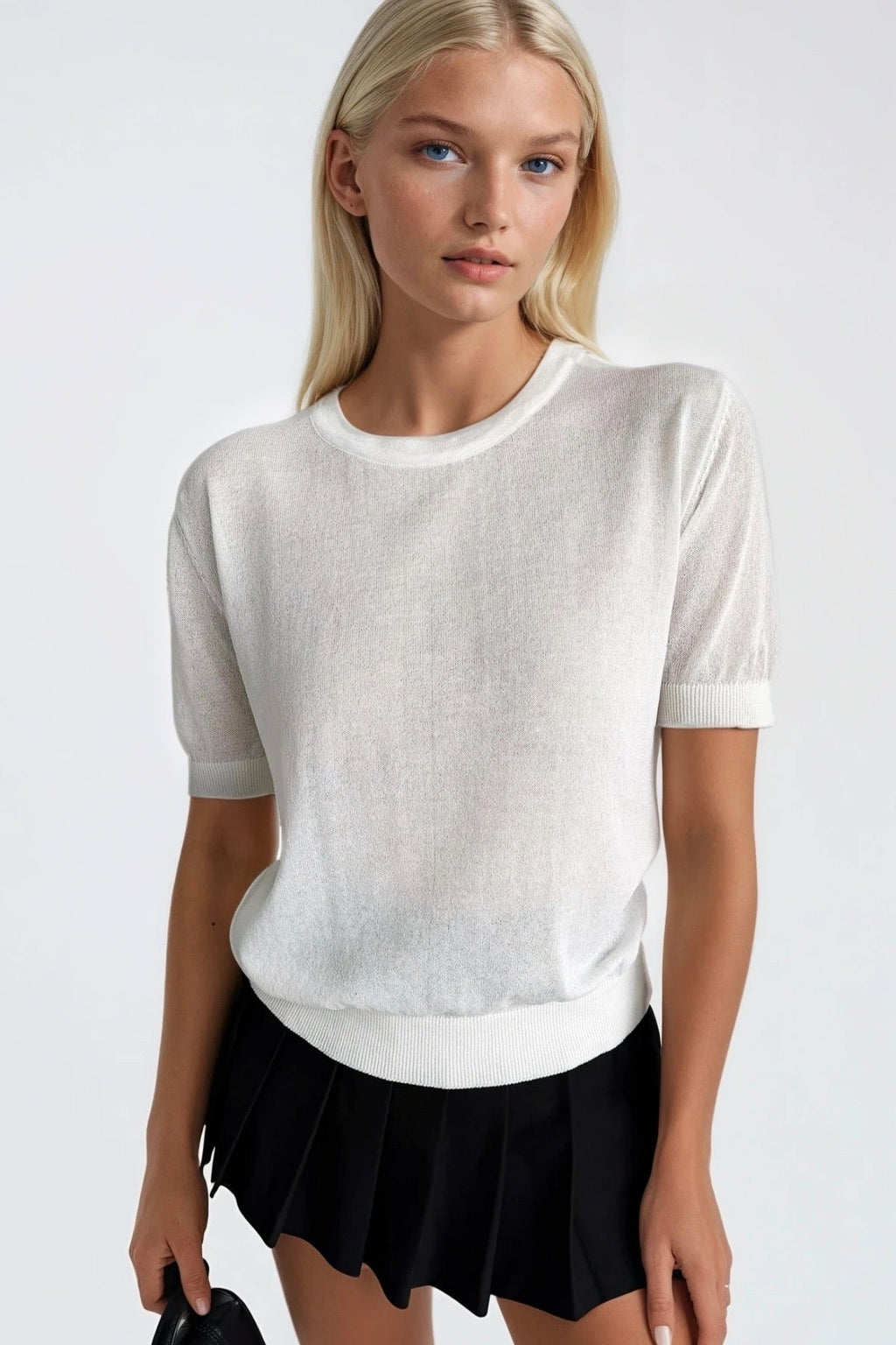 Crew Neck Sheer Textured White Blouse