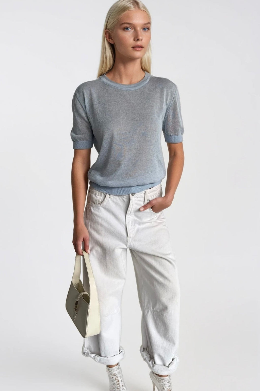 Crew Neck Sheer Textured Blue Blouse