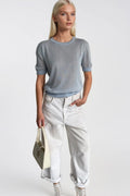 Crew Neck Sheer Textured Blue Blouse