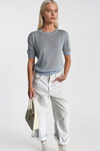 Crew Neck Sheer Textured Blue Blouse