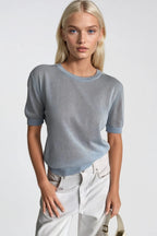 Crew Neck Sheer Textured Blue Blouse
