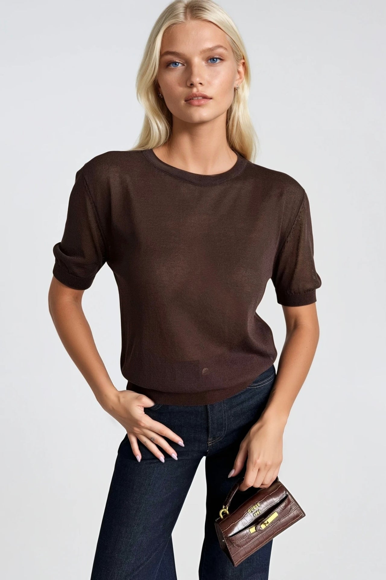Crew Neck Sheer Textured Brown Blouse