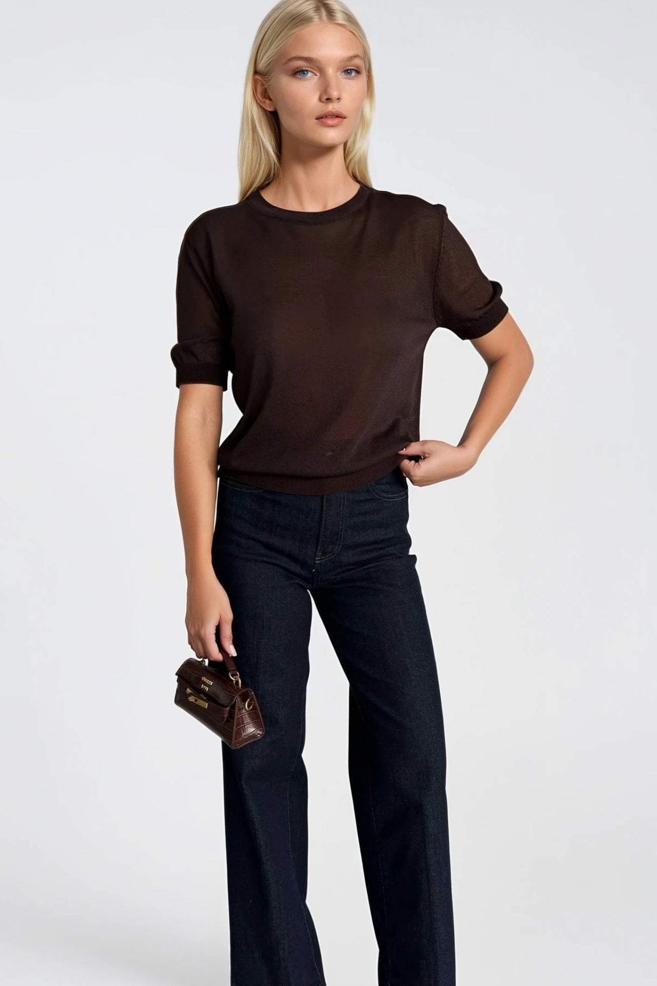 Crew Neck Sheer Textured Brown Blouse