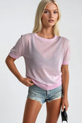 Crew Neck Sheer Textured Pink Blouse