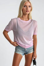 Crew Neck Sheer Textured Pink Blouse