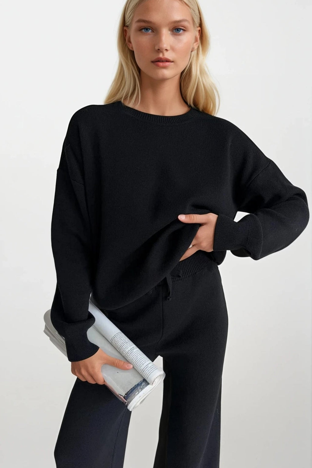 Crew Neck Black Knit Sweater Pants Two-Piece Set