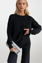 Round Neck Black Knit Sweater and Trousers Two-Piece Set