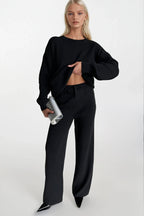 Crew Neck Black Knit Sweater Pants Two-Piece Set