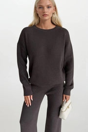 Round Neck Brown Knitted Sweater and Trousers Two-Piece Set