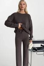 Crew Neck Brown Knit Sweater Pants Two-Piece Set
