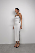 Piping Detail Strappy Kalp Neck White Dress