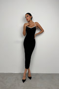 Piping Detail Strappy Sweetheart Neck Black Dress
