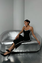 Piping Detail Strappy Sweetheart Neck Black Dress