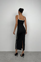 Piping Detail Strappy Sweetheart Neck Black Dress