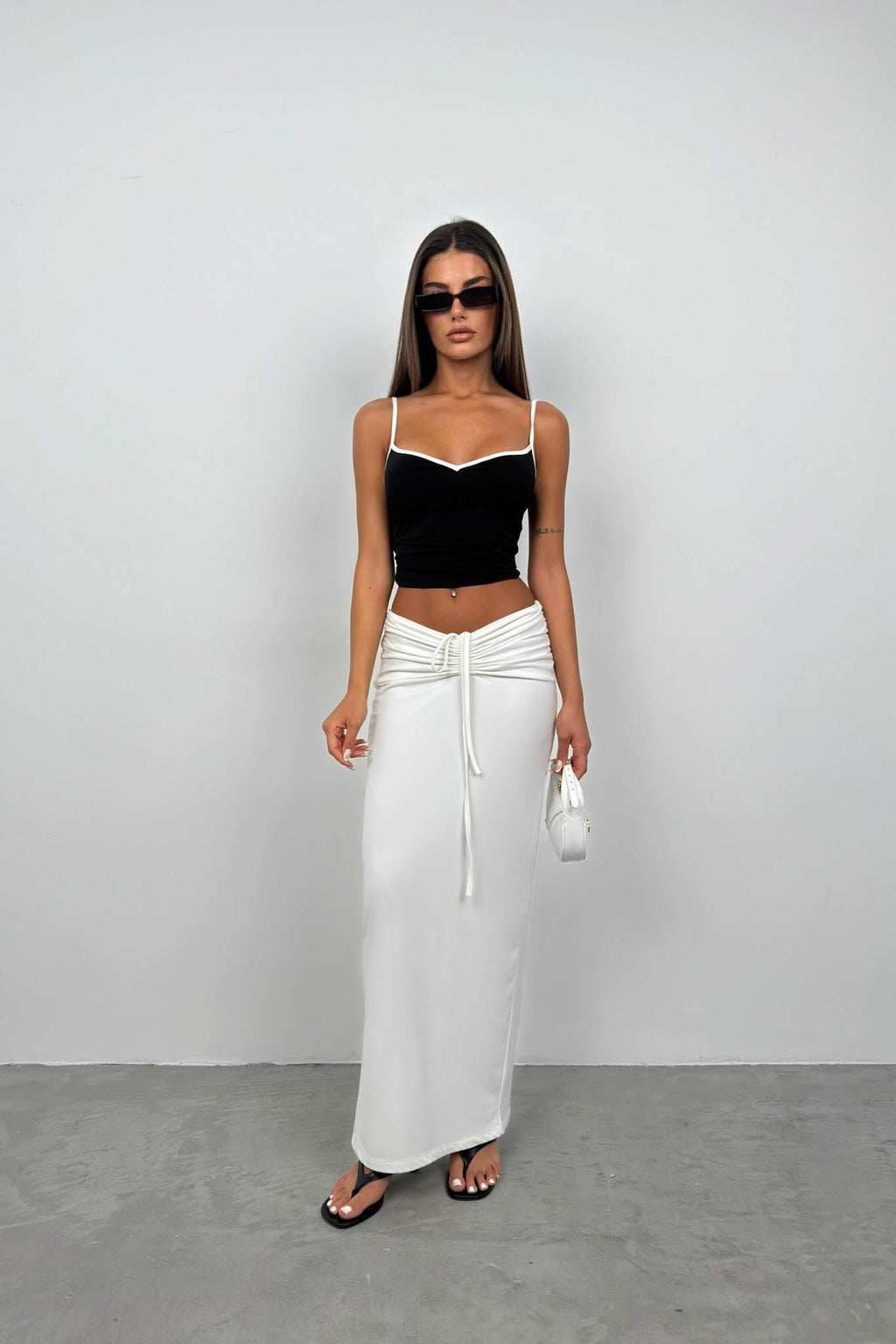Piping Detail Strappy V Neck Black Blouse