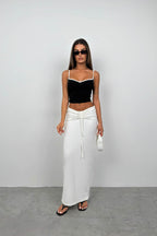 Piping Detail Strappy V Neck Black Blouse