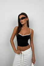 Piping Detail Strappy V Neck Black Blouse