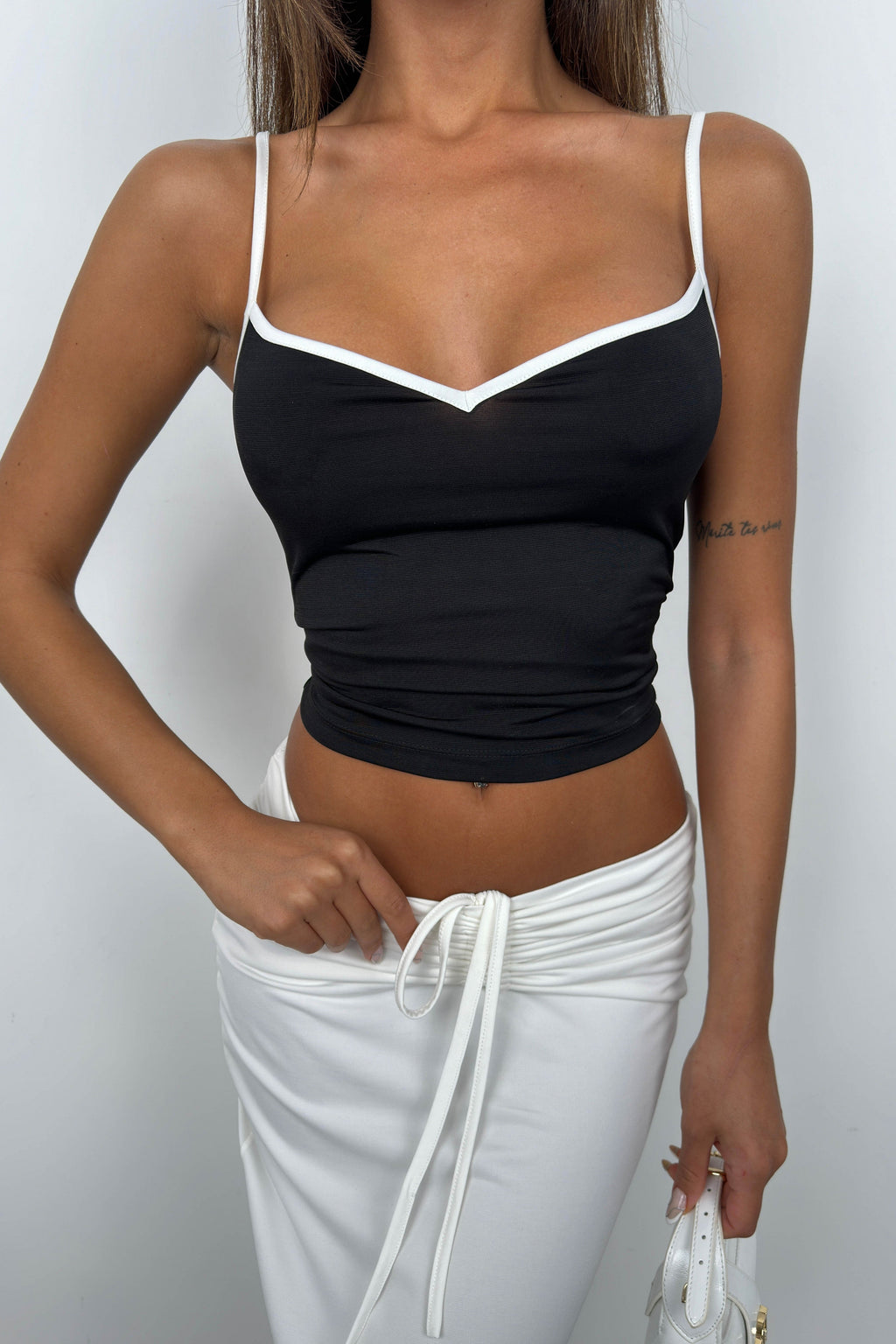 Piping Detail Strappy V Neck Black Blouse