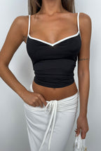 Piping Detail Strappy V Neck Black Blouse