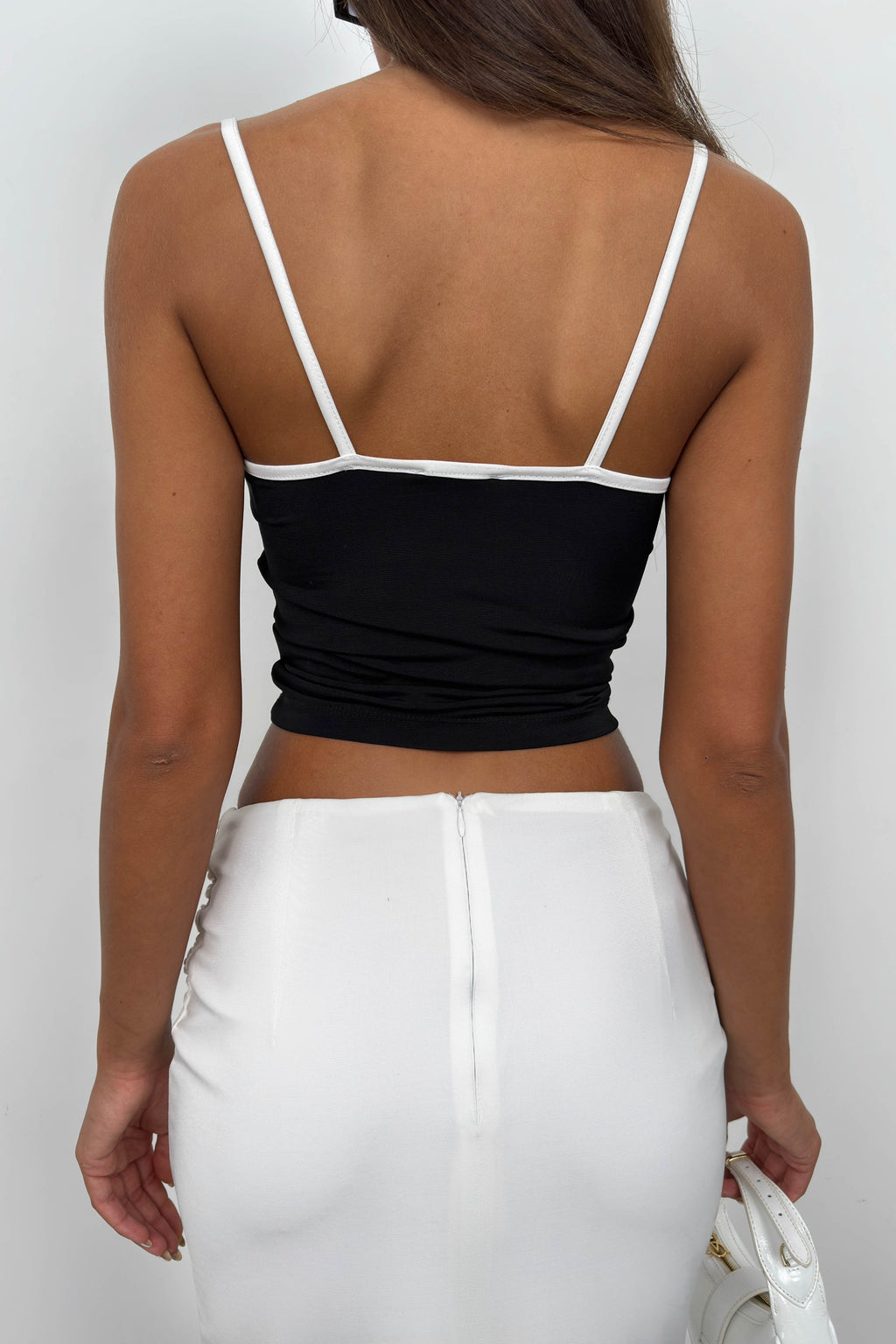 Piping Detail Strappy V Neck Black Blouse