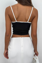 Piping Detail Strappy V Neck Black Blouse
