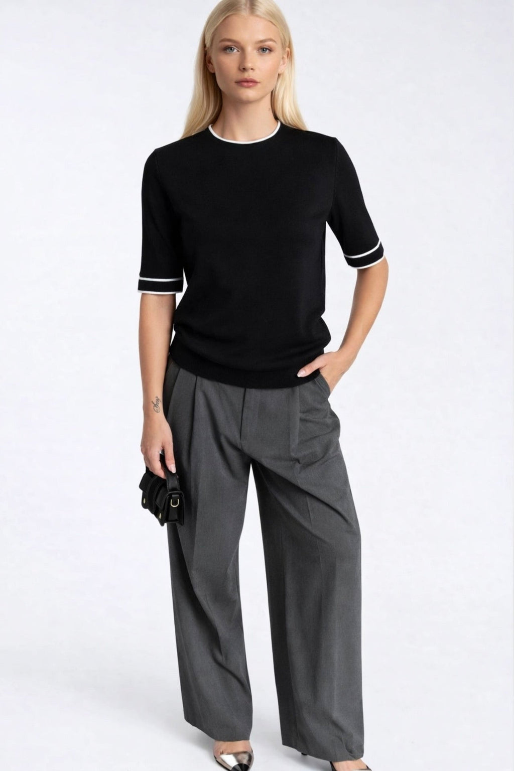 Binding Detail Crew Neck Black Knit Blouse