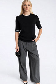 Bias Detail Crew Neck Black Knit Blouse