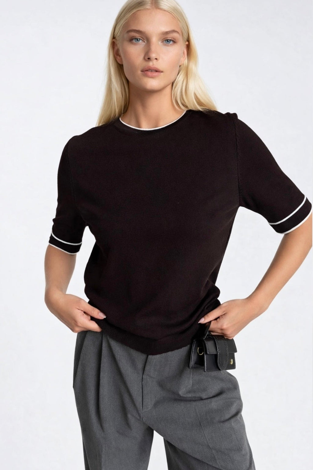 Binding Detail Crew Neck Black Knit Blouse
