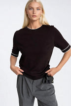Binding Detail Crew Neck Black Knit Blouse