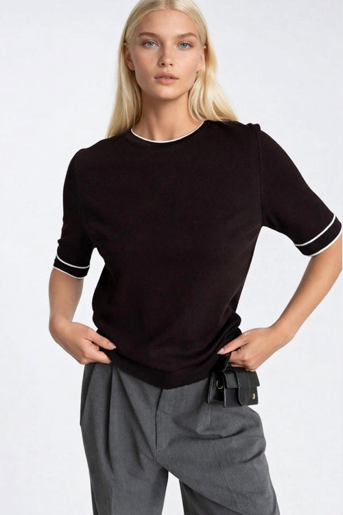 Binding Detail Crew Neck Black Knit Blouse