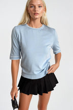 Binding Detail Crew Neck Blue Knit Blouse