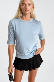 Piping Detail Crew Neck Blue Knit Blouse