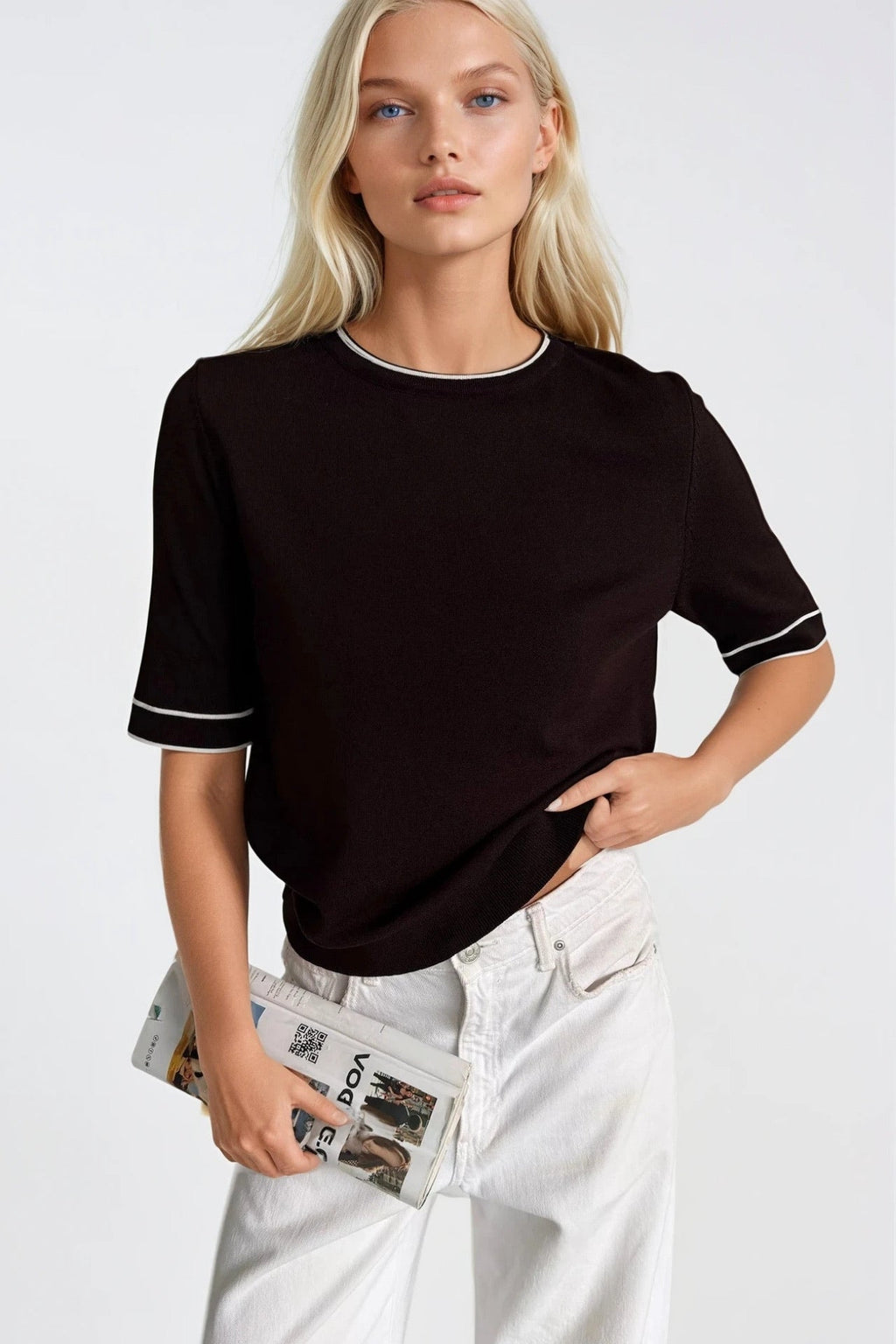 Binding Detail Crew Neck Brown Knit Blouse