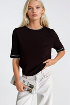 Binding Detail Crew Neck Brown Knit Blouse