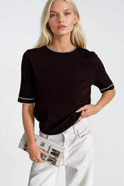 Brown Knit Blouse with Bias Trim and Crew Neck