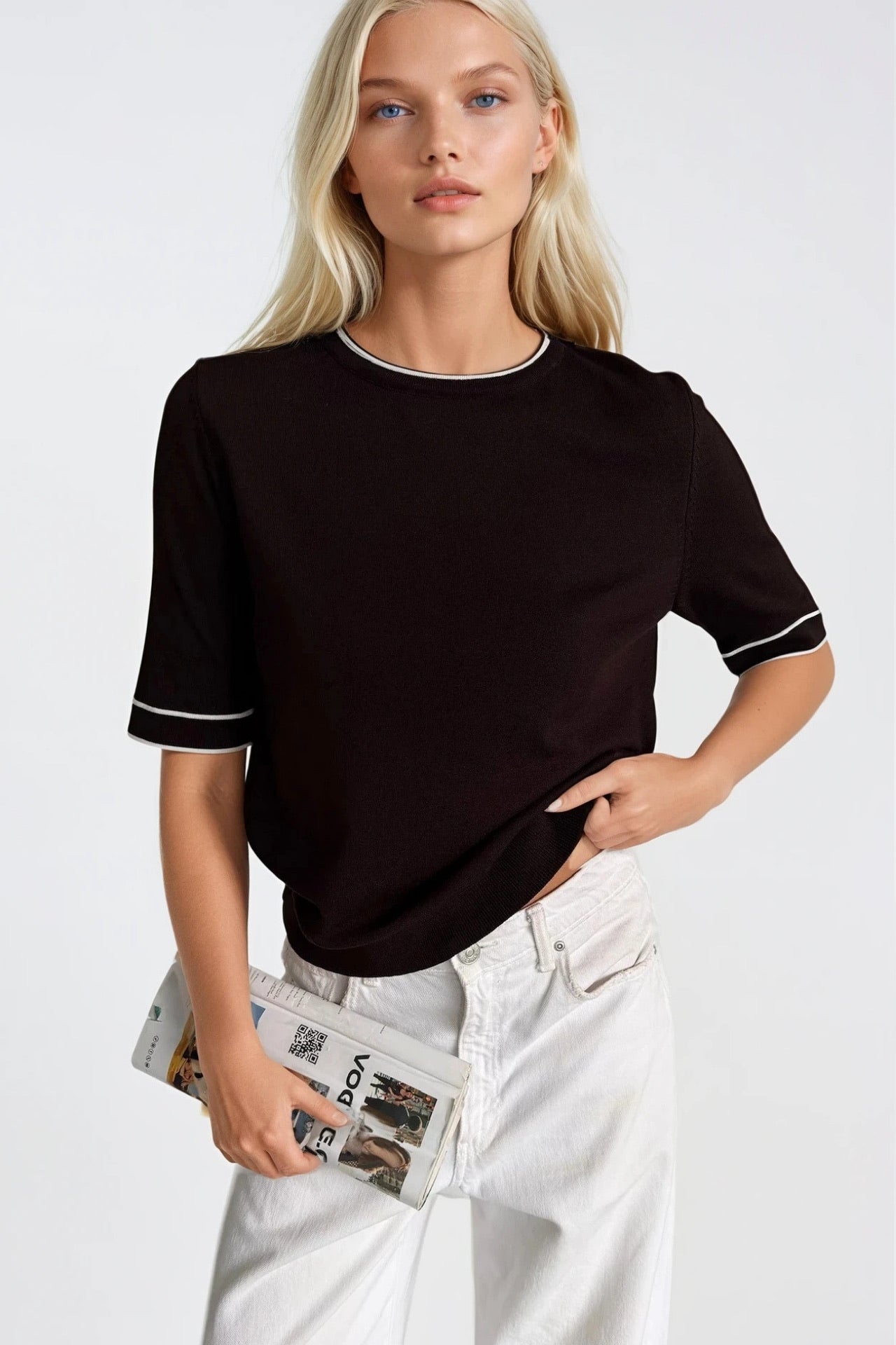 Binding Detail Crew Neck Brown Knit Blouse