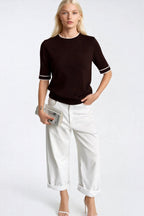 Binding Detail Crew Neck Brown Knit Blouse