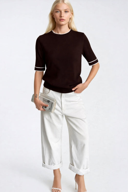 Binding Detail Crew Neck Brown Knit Blouse