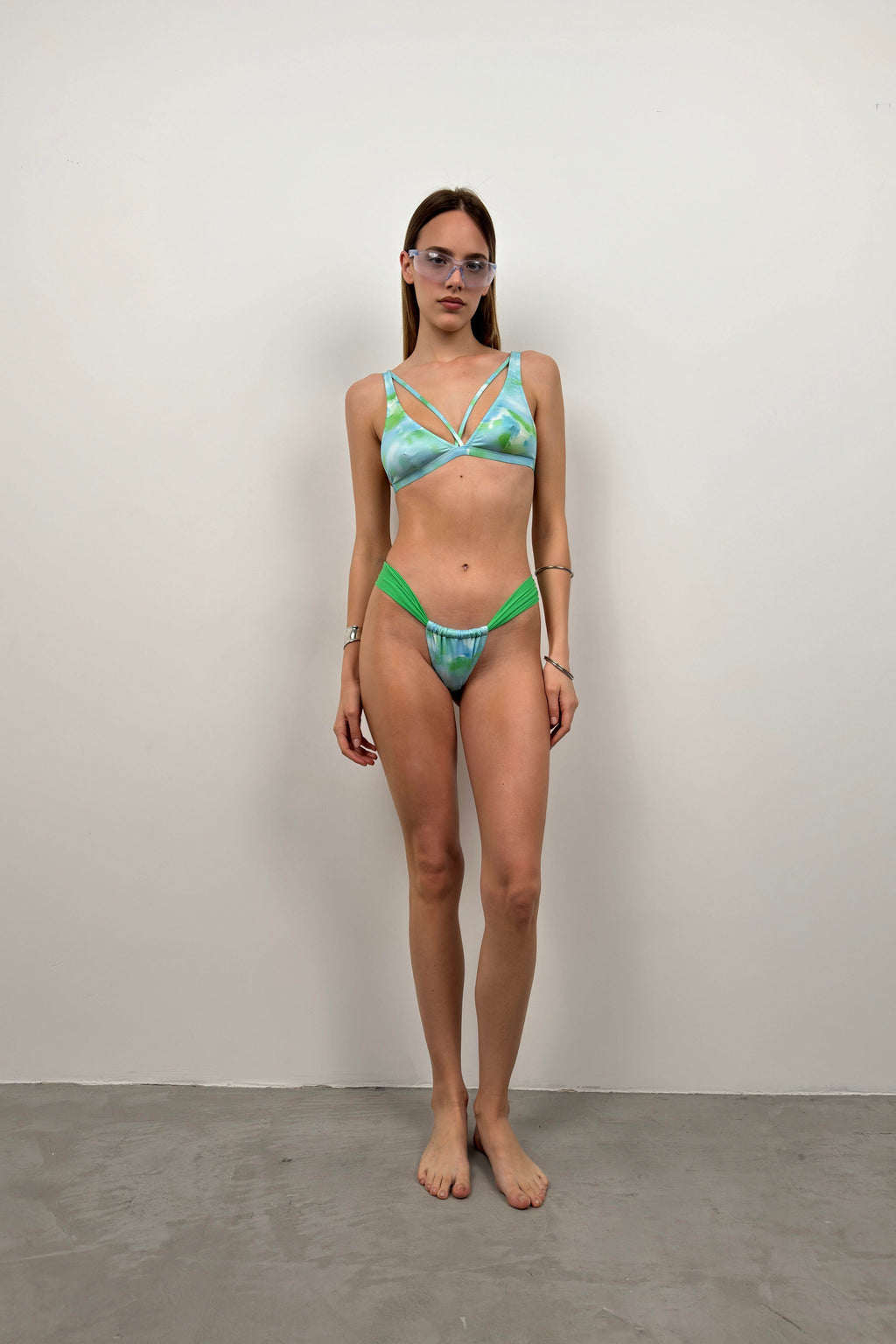 Piping Detail Ruched Blue Bikini Set