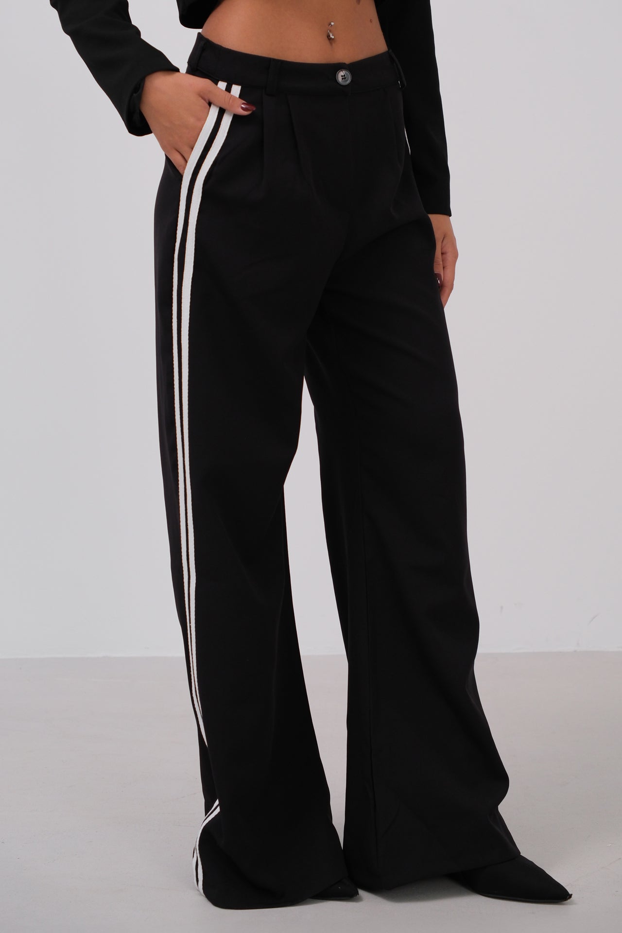 Piping Detail Low Waist Black Pants