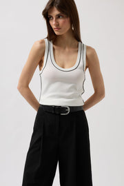 Piping Detail Halter Neck White Black Blouse