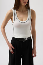Piping Detail Halter Neck White Black Blouse