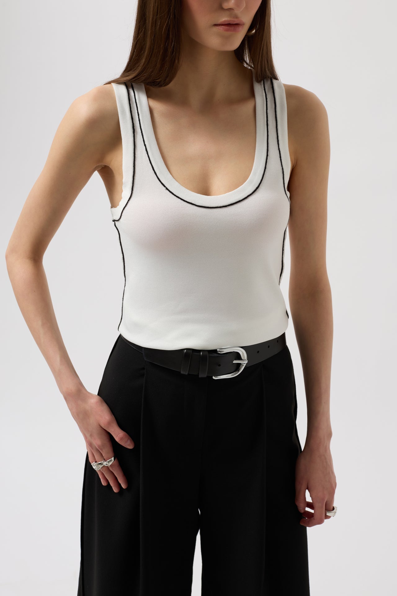 Piping Detail Halter Neck White Black Blouse