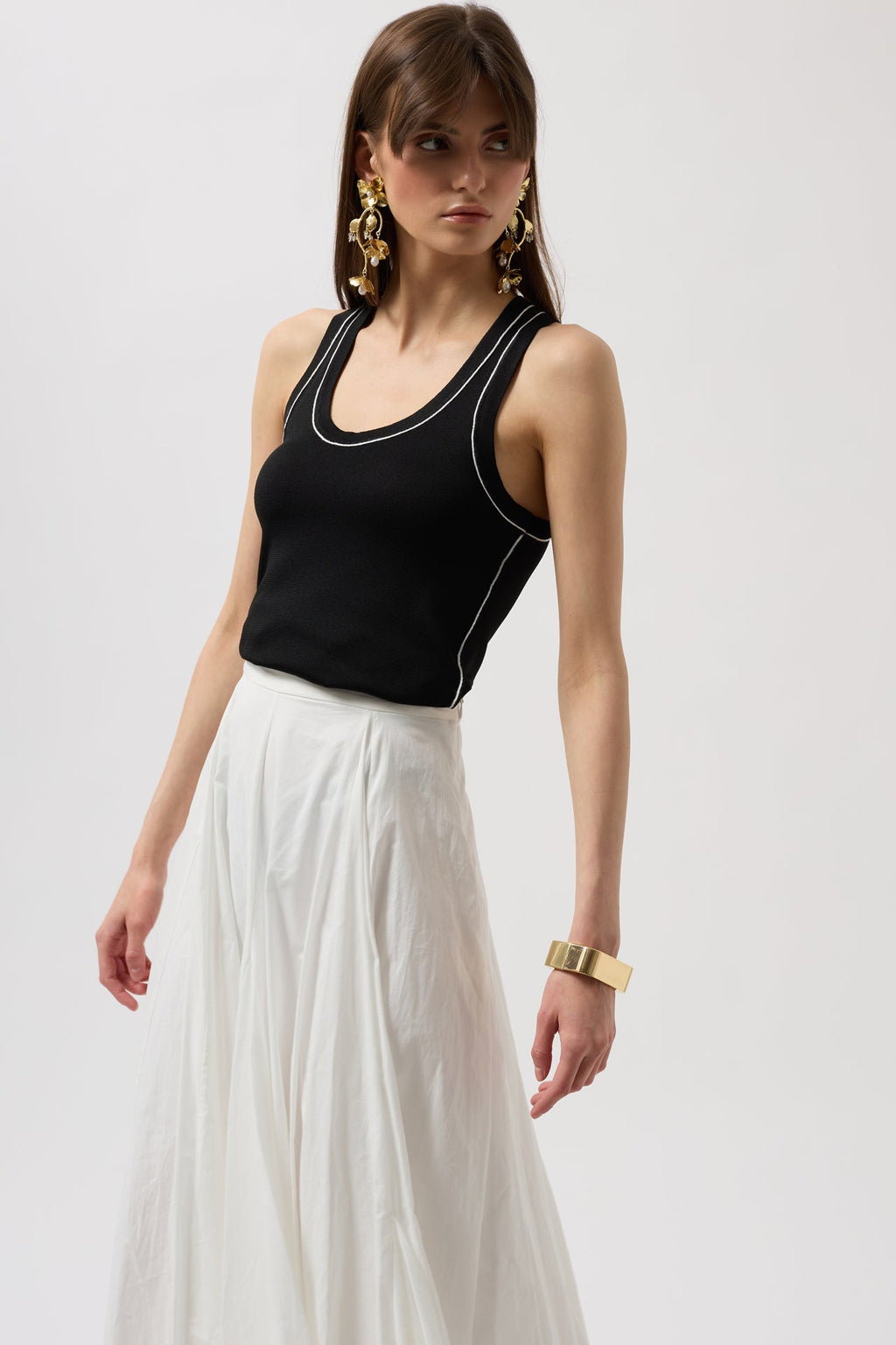 Piping Detail Halter Neck Black White Blouse