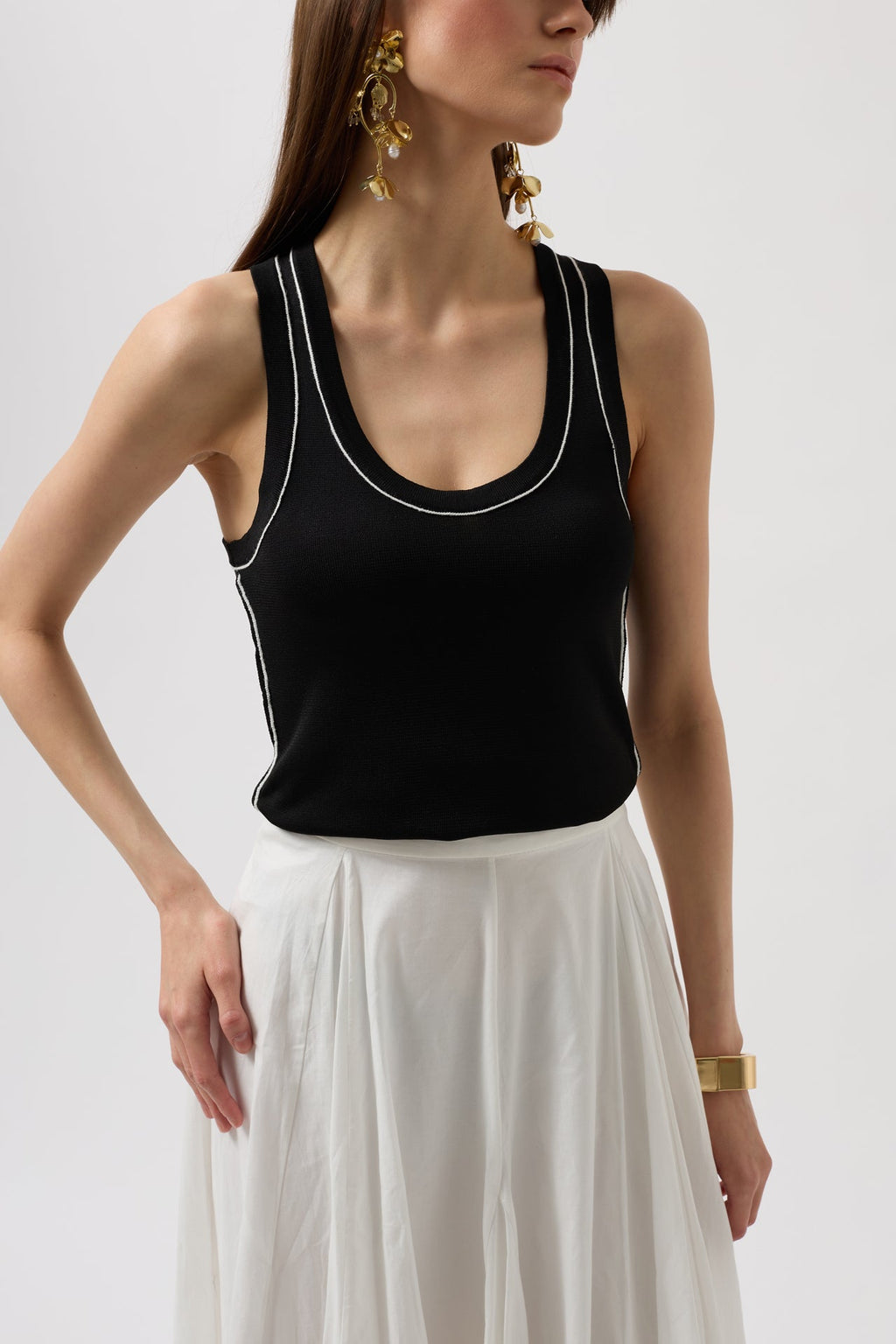 Piping Detail Halter Neck Black White Blouse