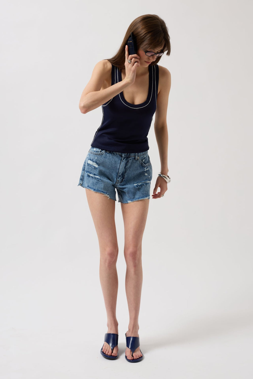 Piping Detail Halter Neck Navy White Blouse