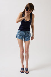 Piping Detail Halter Neck Navy Blue White Blouse