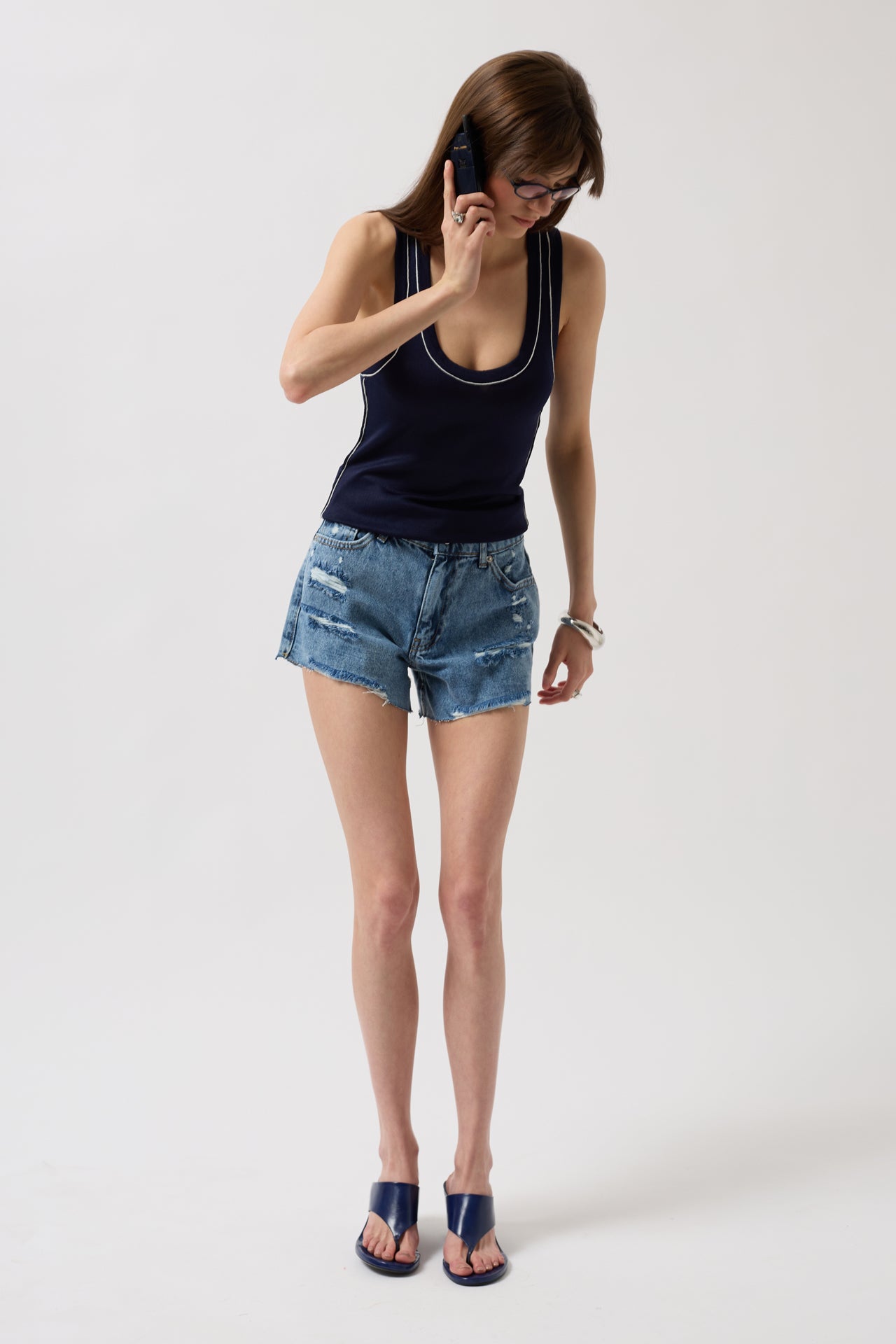 Piping Detail Halter Neck Navy White Blouse