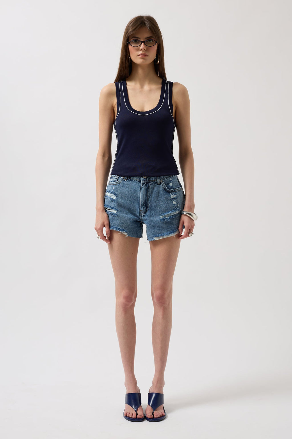 Piping Detail Halter Neck Navy White Blouse